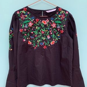ZARA BASIC DENIM  embroidered zip long sleeve top black Small